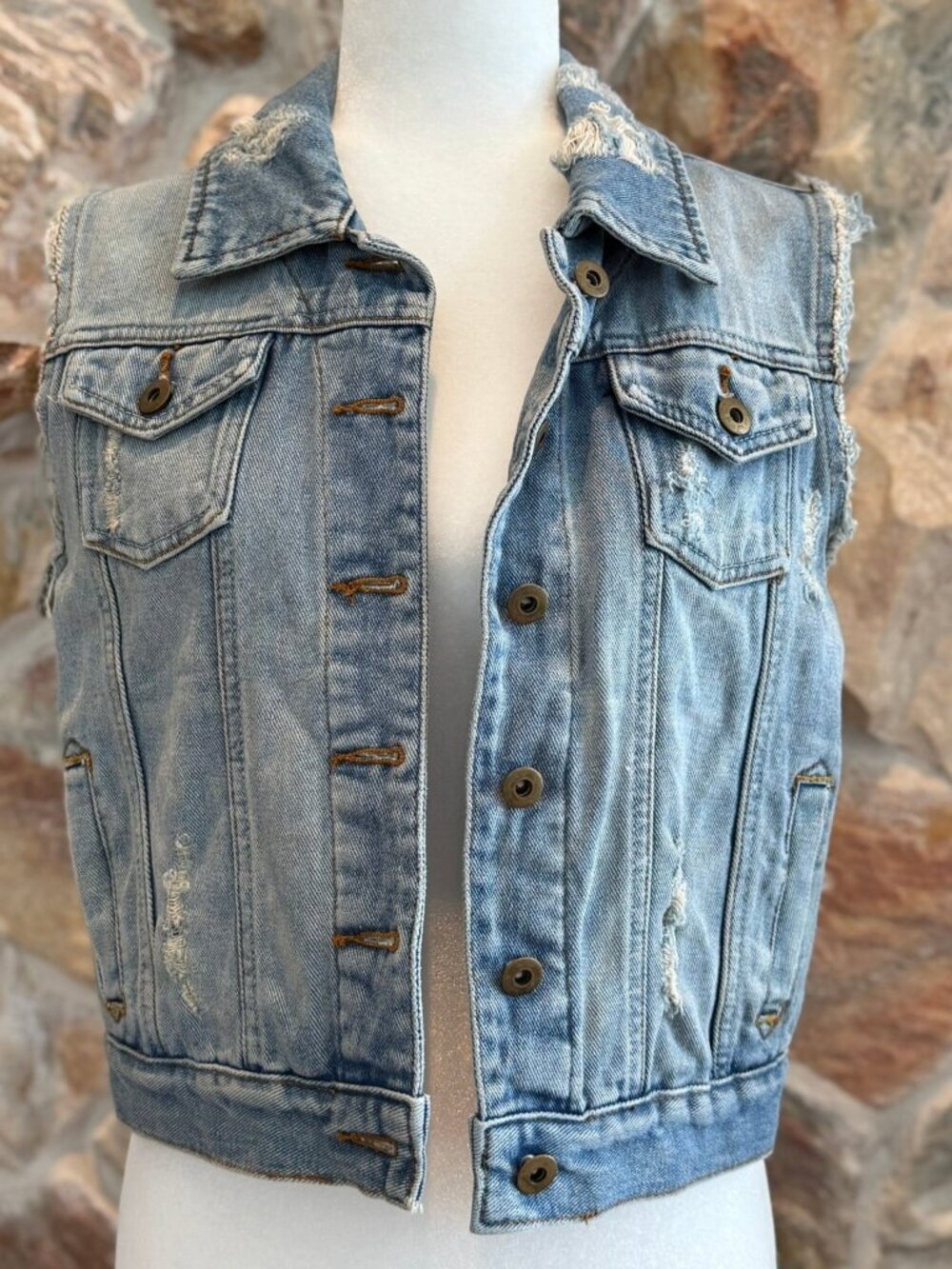 Millau Distressed Light Wash Denim Vest Size Medium